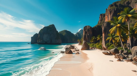 Panoramic view of beautiful beach with white sand, turquoise ocean water and rocks in the background