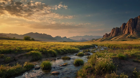 Panoramic view of a small river in the mountains at sunsetの写真素材