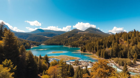 Panoramic view of turquoise lake and forest in autumnの写真素材