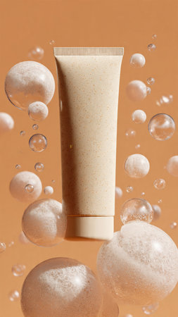cosmetic cream in a tube on a beige background with bubblesの写真素材
