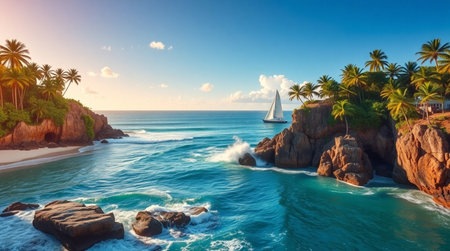 Panoramic aerial view of beautiful tropical beach with palm trees, sailboat and granite rocks at sunset, Seychelles.の写真素材