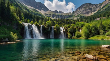 Waterfall in the mountains. Summer landscape. Waterfall in the mountains.の写真素材