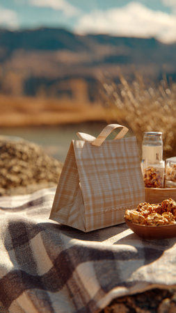 Picnic on the beach with a beautiful view of the lake.の写真素材