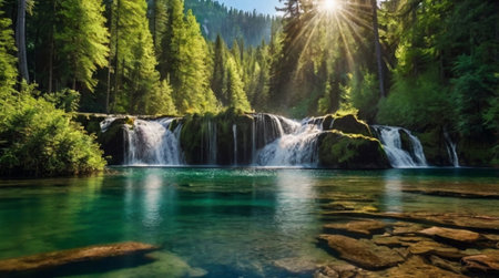 beautiful waterfall in the green forest. summer landscape with a waterfallの写真素材