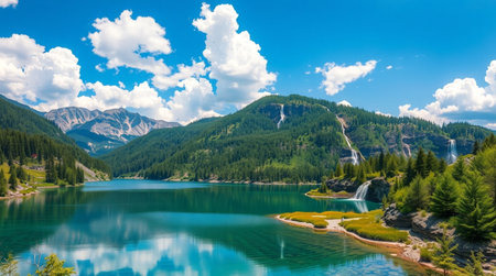Panoramic view of beautiful turquoise alpine lakeの写真素材