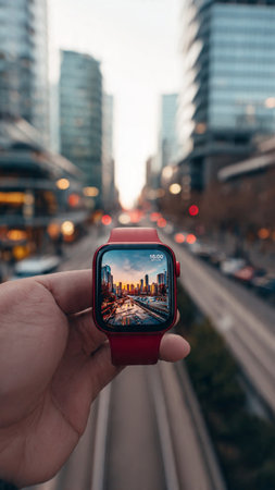 A man's hand is holding a smart watch with a cityscape on the screen.の写真素材