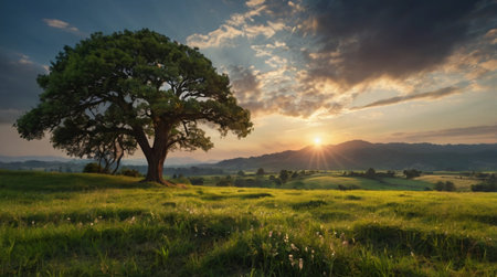Sunset over a green meadow with a tree in the foregroundの写真素材