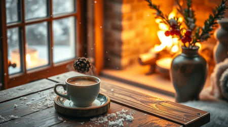 Cup of coffee on a wooden table in front of a burning fireplaceの写真素材