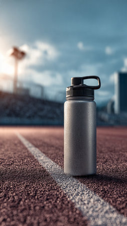 Sports bottle on the running track at sunset. 3d rendering.の写真素材