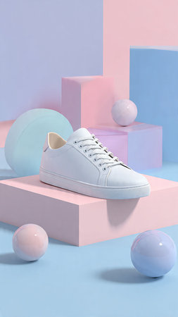 Pair of white sneakers and balls on pastel background. Minimalism concept.の写真素材