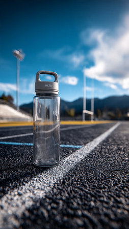 Sports water bottle on asphalt road with mountains and blue sky background.の写真素材