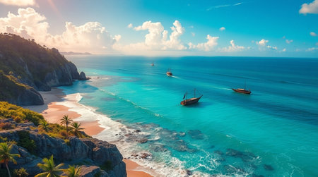 Beautiful aerial view of beach with boats.の写真素材
