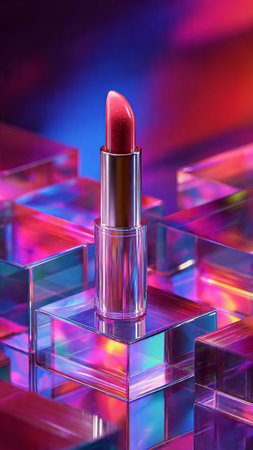 Lipstick on a background of blue and pink neon light.の写真素材