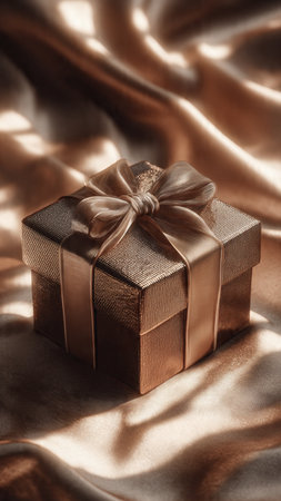 Gift box on golden satin background. Festive concept.の写真素材