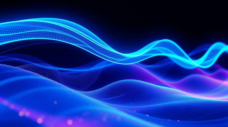3d rendering of blue and purple particles form curved lines and surfaces. Abstract background with...