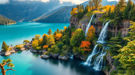 Autumn alpine landscape with waterfall and lake. Panoramic viewの写真素材
