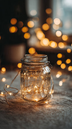 Christmas lights in a glass jar on a wooden background, bokehの写真素材