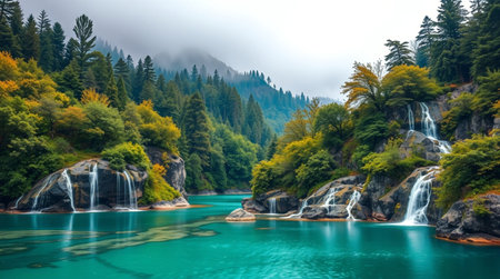Beautiful waterfall in the mountains. Mountain lake in the fog.の写真素材