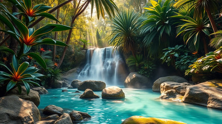 Beautiful waterfall in tropical forest. Nature background. Travel and vacation concept.の写真素材