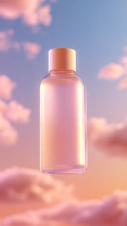 Cosmetic bottle on the sky background. 3D render illustration.の写真素材