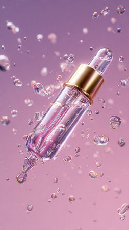 Cosmetic pipette with serum in water drops on a purple backgroundの写真素材
