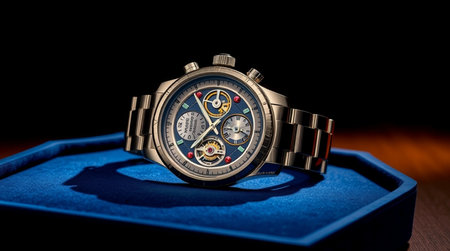 Wristwatch in a blue box on a dark background close upの写真素材