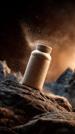 A bottle on a rock covered with dust.の写真素材