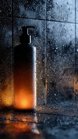 Shower gel bottle on wet tile wall background. Shower gel bottle with rain drops.の写真素材