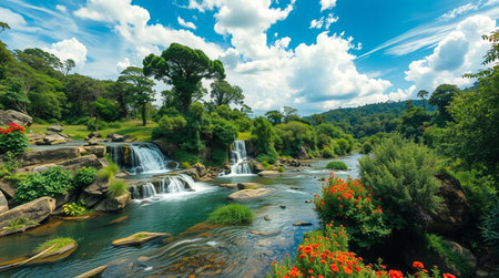 Beautiful waterfall in the tropical forest with red flowers and blue skyの写真素材