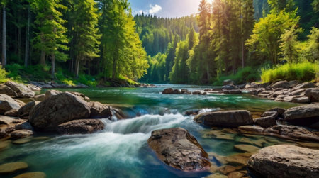 mountain river in the Carpathian Mountains, Ukraine. Panoramaの写真素材