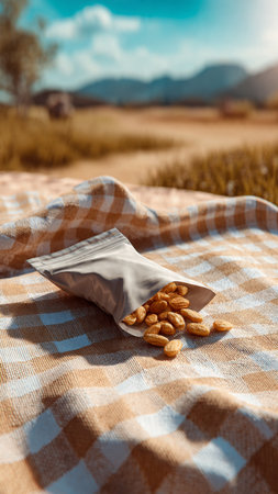Pile of peanuts on a checkered tableclothの写真素材