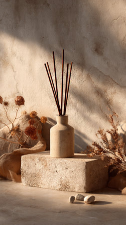 Ceramic vase with reed sticks and dried flowers on concrete background