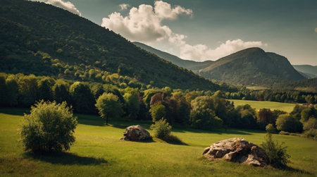 Mountain landscape with meadow and forest in Carpathian mountains