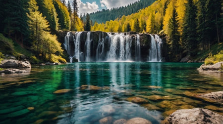 Beautiful waterfall in the mountains. Beautiful mountain landscape with a waterfall.