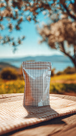 Coffee bag on wooden table in front of beautiful landscape.の写真素材