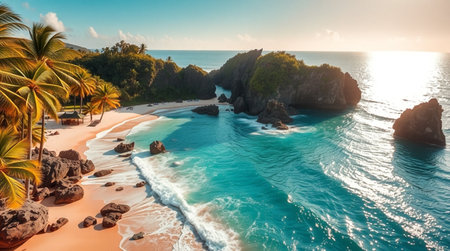 Aerial view of beautiful beach with palm trees at sunset, Seychellesの写真素材