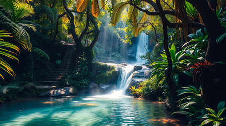 Beautiful waterfall in the tropical forest with green plants and trees.の写真素材