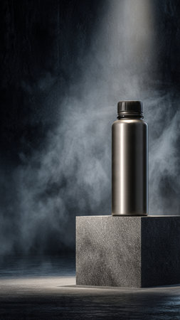Bottle on concrete podium with smoke on dark background. 3d renderingの写真素材