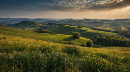 Beautiful sunset in Tuscany, Italy. Landscape with green hills and meadows.の写真素材