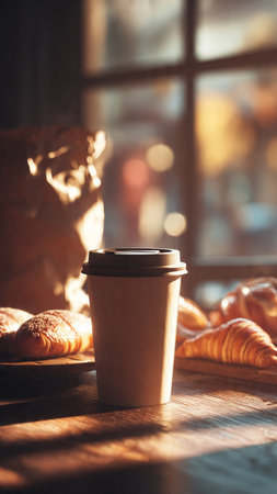 Coffee cup and croissants on a wooden table.の写真素材