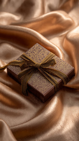 Gift box on golden satin background with place for your textの写真素材