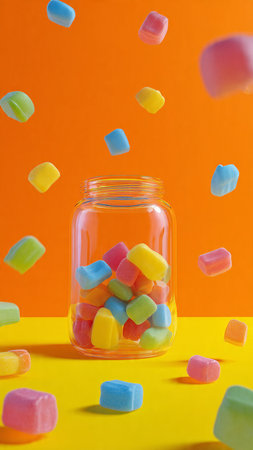Colorful candies falling in glass jar on yellow and orange background