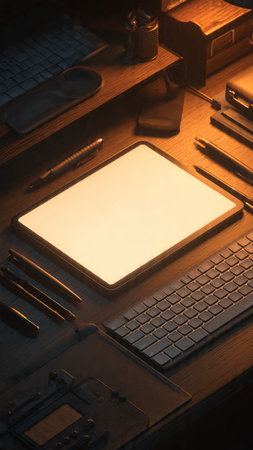 Close up of tablet computer and other office supplies on wooden desk.の写真素材