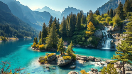 Panoramic view of beautiful turquoise lake with waterfall in autumn