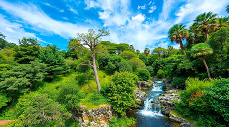 Beautiful landscaped tropical garden with a waterfall on a sunny dayの写真素材