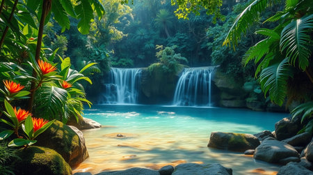 Tropical waterfall in the forest. Beautiful landscape of tropical rainforest.の写真素材