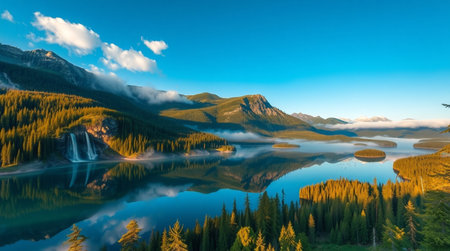 Panoramic view of alpine lake with snow capped mountains in the background.の写真素材
