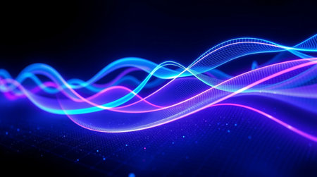 3d illustration of abstract blue background with glowing particles, waves and lines