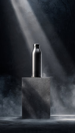 Cosmetic bottle on concrete pedestal on dark background with spotlightsの写真素材