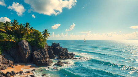 Tropical island with palm trees. Seascape panoramaの写真素材